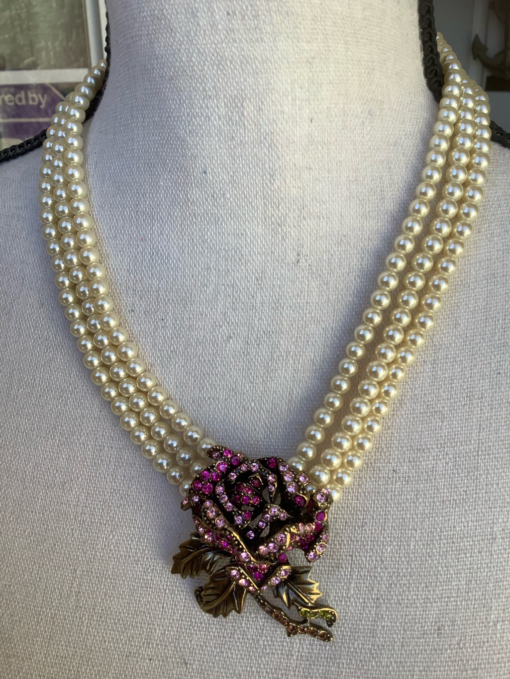 Heidi Daus Faux Pearl Multi-Strand Necklace With Pink Crystal Rose Pendant
